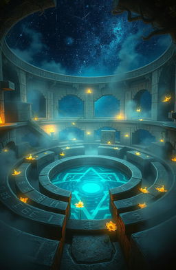 A captivating scene titled 'Labyrinth of Echoes', depicting an intricate maze made of ancient stone walls, adorned with glowing runes and vines
