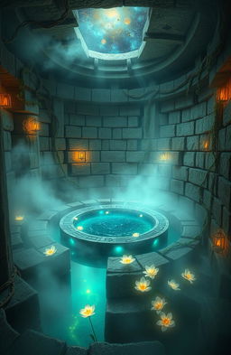 A captivating scene titled 'Labyrinth of Echoes', depicting an intricate maze made of ancient stone walls, adorned with glowing runes and vines