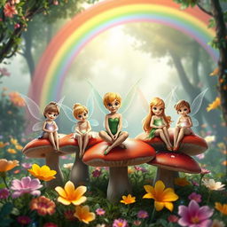 A whimsical scene featuring Tinker Bell alongside her fairy friends, all sitting on oversized, colorful mushrooms in a magical forest