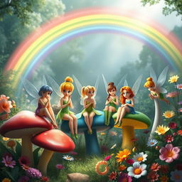 A whimsical scene featuring Tinker Bell alongside her fairy friends, all sitting on oversized, colorful mushrooms in a magical forest