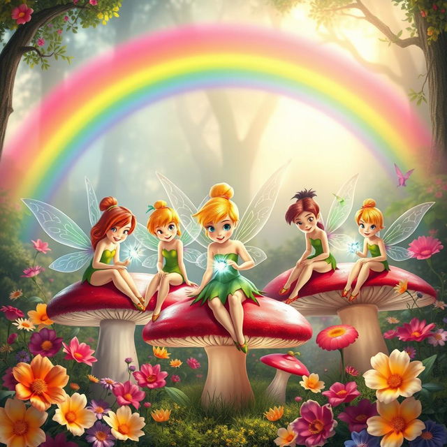 A whimsical scene featuring Tinker Bell alongside her fairy friends, all sitting on oversized, colorful mushrooms in a magical forest