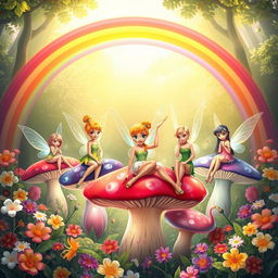 A whimsical scene featuring Tinker Bell alongside her fairy friends, all sitting on oversized, colorful mushrooms in a magical forest