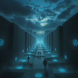 A majestic scene titled 'Labyrinth of Echoes', featuring a vast and imposing labyrinth made of towering ancient stone walls, engulfed in shadows