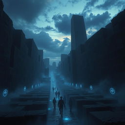 A majestic scene titled 'Labyrinth of Echoes', featuring a vast and imposing labyrinth made of towering ancient stone walls, engulfed in shadows