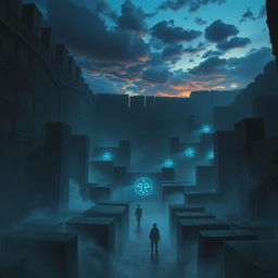A majestic scene titled 'Labyrinth of Echoes', featuring a vast and imposing labyrinth made of towering ancient stone walls, engulfed in shadows