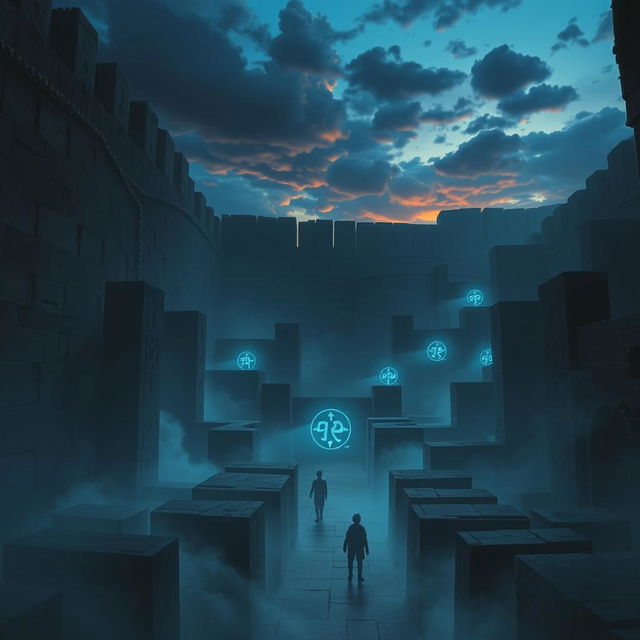 A majestic scene titled 'Labyrinth of Echoes', featuring a vast and imposing labyrinth made of towering ancient stone walls, engulfed in shadows