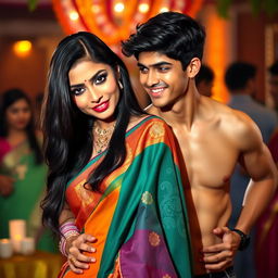A seductive scene featuring a 38-year-old attractive Indian woman wearing a colorful saree that elegantly reveals her navel