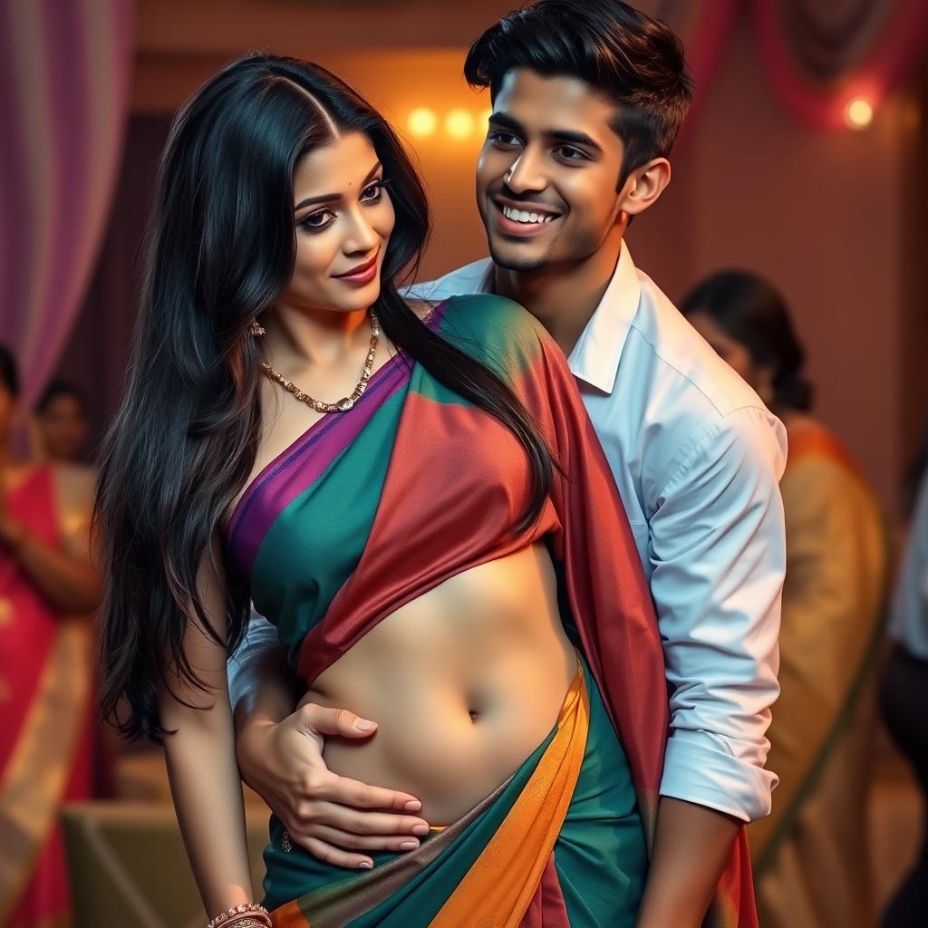 A seductive scene featuring a 38-year-old attractive Indian woman wearing a colorful saree that elegantly reveals her navel