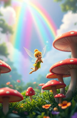 Tinkerbell, the iconic tiny fairy with delicate wings, standing gracefully among vibrant, oversized mushrooms in a fantastical forest