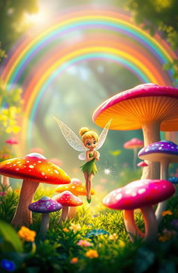 Tinkerbell, the iconic tiny fairy with delicate wings, standing gracefully among vibrant, oversized mushrooms in a fantastical forest