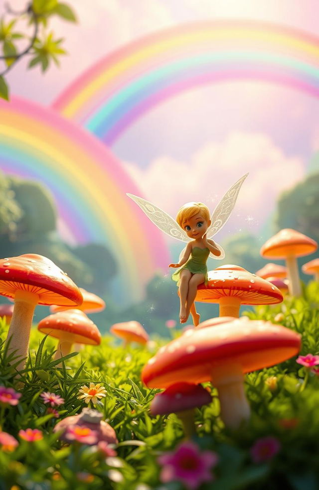 Tinkerbell, the iconic tiny fairy with delicate wings, standing gracefully among vibrant, oversized mushrooms in a fantastical forest