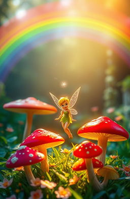 Tinkerbell, the iconic tiny fairy with delicate wings, standing gracefully among vibrant, oversized mushrooms in a fantastical forest