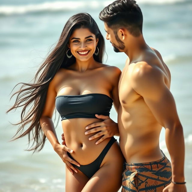 A seductive scene featuring a 38-year-old Indian woman in a stylish one-piece swimsuit, exuding confidence and allure