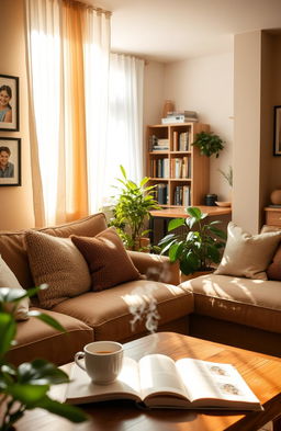 A cozy and inviting living room with a warm atmosphere, featuring a comfortable sofa adorned with plush pillows, a coffee table with a steaming mug and an open book, surrounded by houseplants