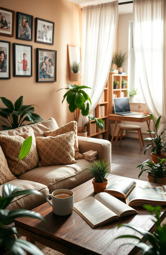 A cozy and inviting living room with a warm atmosphere, featuring a comfortable sofa adorned with plush pillows, a coffee table with a steaming mug and an open book, surrounded by houseplants