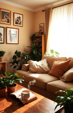 A cozy and inviting living room with a warm atmosphere, featuring a comfortable sofa adorned with plush pillows, a coffee table with a steaming mug and an open book, surrounded by houseplants