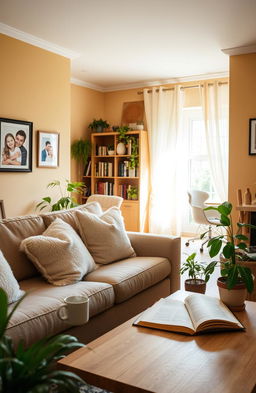 A cozy and inviting living room with a warm atmosphere, featuring a comfortable sofa adorned with plush pillows, a coffee table with a steaming mug and an open book, surrounded by houseplants