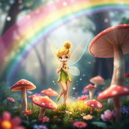 Tinkerbell as a youthful fairy, full of energy and charm, standing amidst vibrant, oversized mushrooms in a mystical forest setting