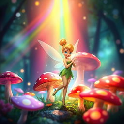 Tinkerbell as a youthful fairy, full of energy and charm, standing amidst vibrant, oversized mushrooms in a mystical forest setting
