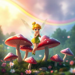 Tinkerbell as a youthful fairy, full of energy and charm, standing amidst vibrant, oversized mushrooms in a mystical forest setting
