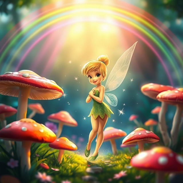 Tinkerbell as a youthful fairy, full of energy and charm, standing amidst vibrant, oversized mushrooms in a mystical forest setting