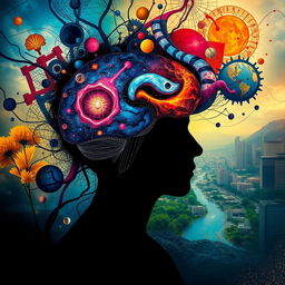 A surreal and thought-provoking image that depicts the complexities of the human mind, featuring abstract patterns and shapes intertwining with neural pathways
