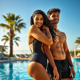 A captivating scene featuring a 38-year-old attractive Indian woman, exuding confidence and allure, wearing a stylish one-piece swimsuit