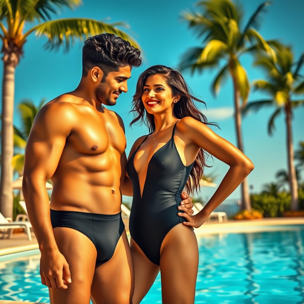 A captivating scene featuring a 38-year-old attractive Indian woman, exuding confidence and allure, wearing a stylish one-piece swimsuit