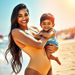A beautiful 38-year-old Indian woman in a stylish and sexy one-piece swimsuit, showcasing her confident and captivating presence