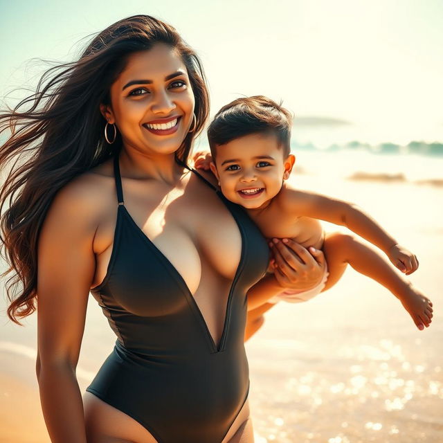 A beautiful 38-year-old Indian woman in a stylish and sexy one-piece swimsuit, showcasing her confident and captivating presence