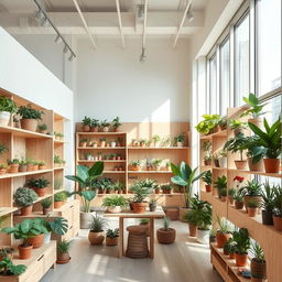 A modern, minimalistic store interior for 'Lakamoda', featuring an array of potted plants and wooden displays