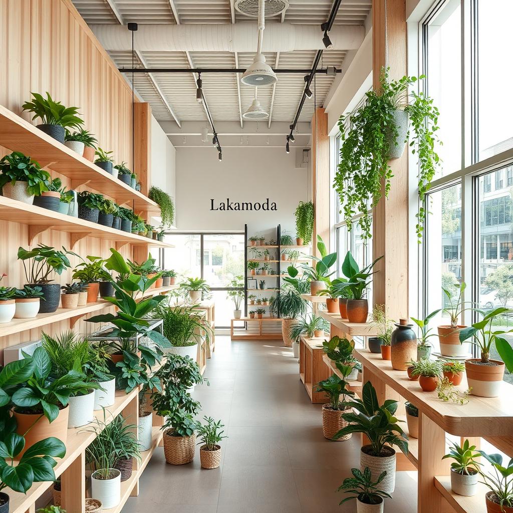 A modern, minimalistic store interior for 'Lakamoda', featuring an array of potted plants and wooden displays