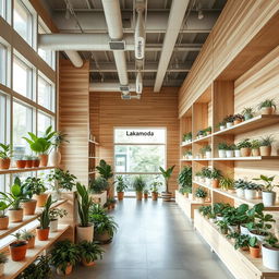 A modern, minimalistic store interior for 'Lakamoda', featuring an array of potted plants and wooden displays