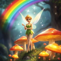 Tinkerbell depicted as a matured fairy girl, standing confidently among a cluster of large, colorful mushrooms in a fantastical forest setting