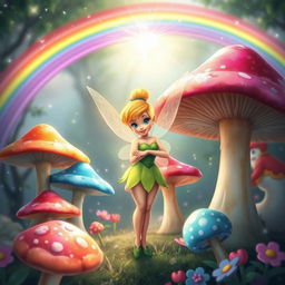 Tinkerbell depicted as a matured fairy girl, standing confidently among a cluster of large, colorful mushrooms in a fantastical forest setting