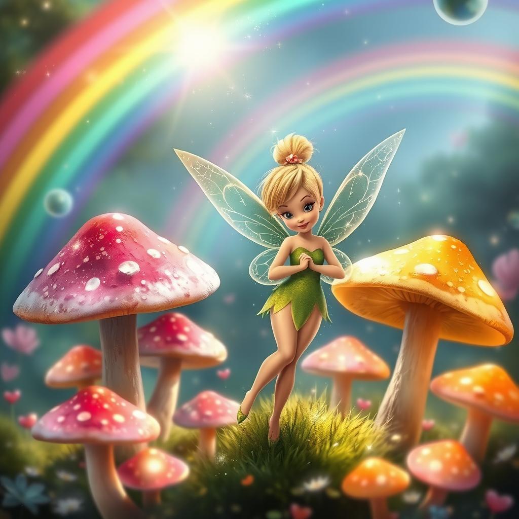 Tinkerbell depicted as a matured fairy girl, standing confidently among a cluster of large, colorful mushrooms in a fantastical forest setting