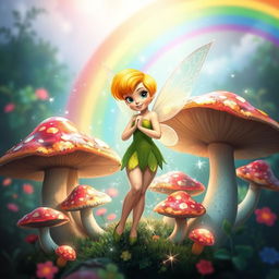 Tinkerbell depicted as a matured fairy girl, standing confidently among a cluster of large, colorful mushrooms in a fantastical forest setting