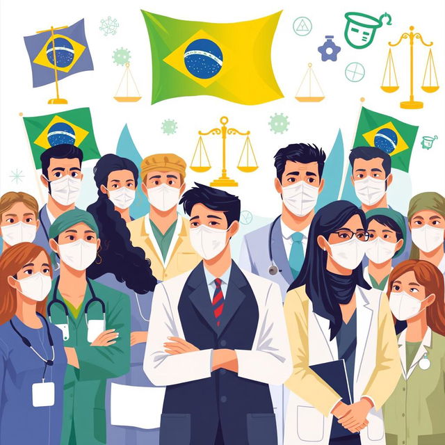 A visually compelling illustration representing the systematic communication between law and health during the COVID-19 pandemic in Brazil