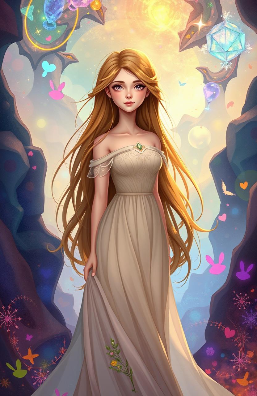 Illustration of a young woman named Belle with long, flowing hair, standing in a whimsical, dream-like landscape