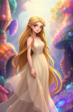 Illustration of a young woman named Belle with long, flowing hair, standing in a whimsical, dream-like landscape