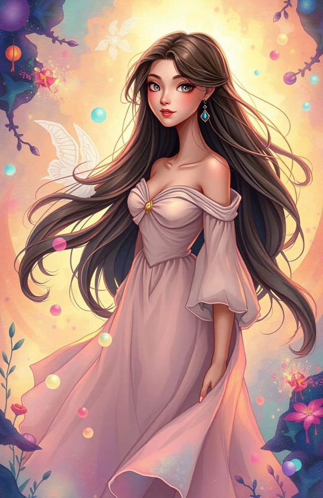 Illustration of a young woman named Belle with long, flowing hair, standing in a whimsical, dream-like landscape