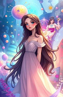 Illustration of a young woman named Belle with long, flowing hair, standing in a whimsical, dream-like landscape