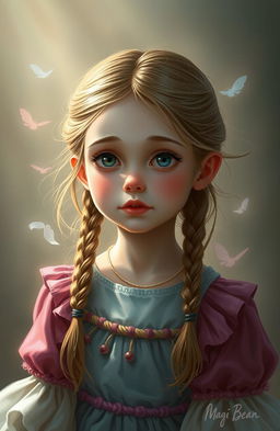 A realistic portrait of a young girl named Belle, portraying her character from the artistic style of Magi Bean