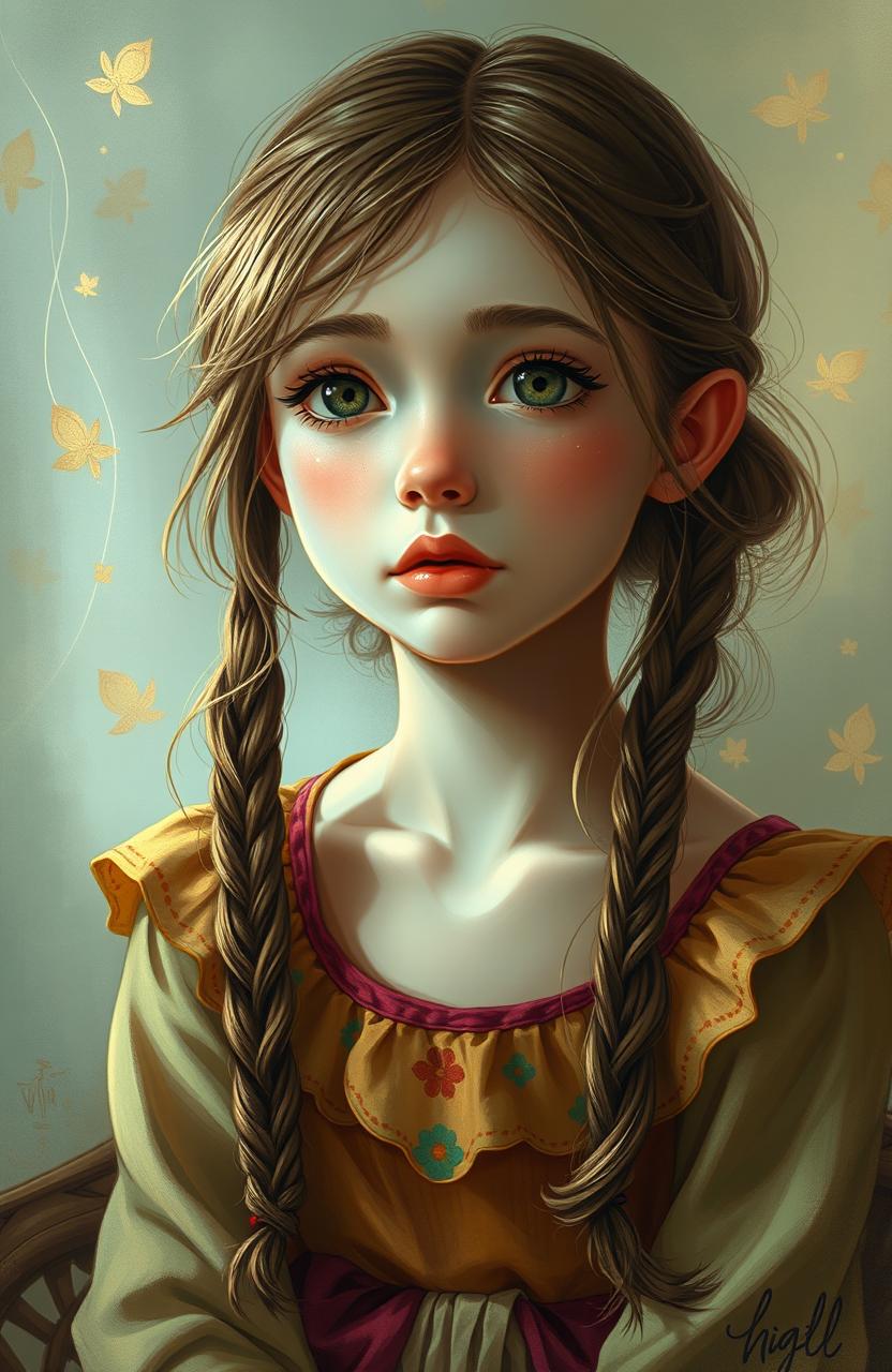 A realistic portrait of a young girl named Belle, portraying her character from the artistic style of Magi Bean