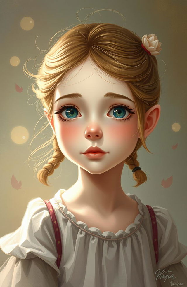 A realistic portrait of a young girl named Belle, portraying her character from the artistic style of Magi Bean