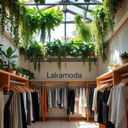 A stylish women's clothing store called 'Lakamoda', featuring vertical gardens on the ceiling and a minimalist design