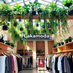 A stylish women's clothing store called 'Lakamoda', featuring vertical gardens on the ceiling and a minimalist design