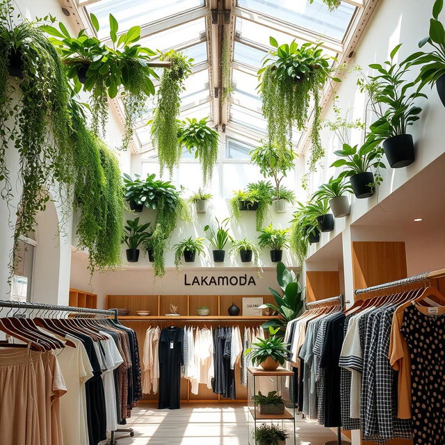 A stylish women's clothing store called 'Lakamoda', featuring vertical gardens on the ceiling and a minimalist design