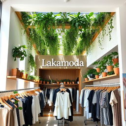 A stylish women's clothing store called 'Lakamoda', featuring vertical gardens on the ceiling and a minimalist design