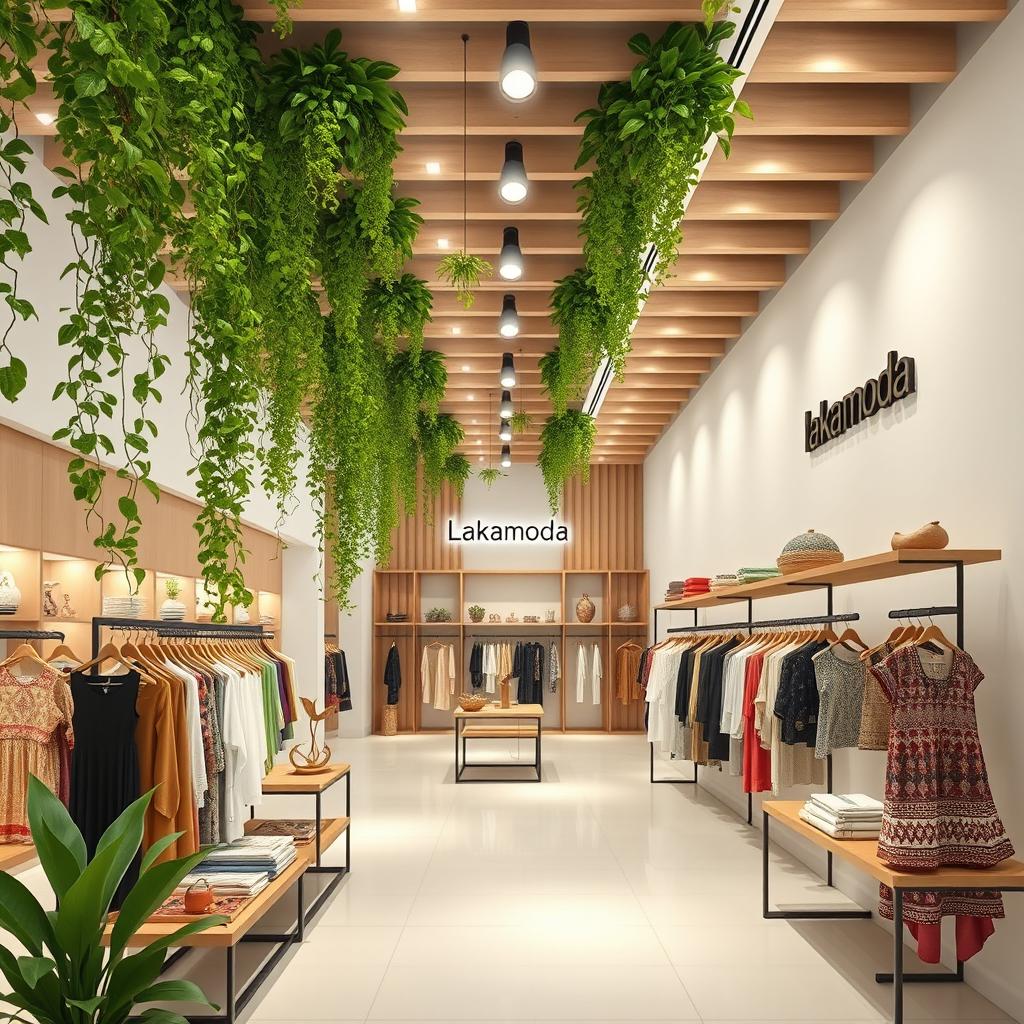 A beautifully designed image of a women's clothing store named 'Lakamoda', featuring vertical gardens on the ceiling, lush green plants adorning the space, and a minimalistic design